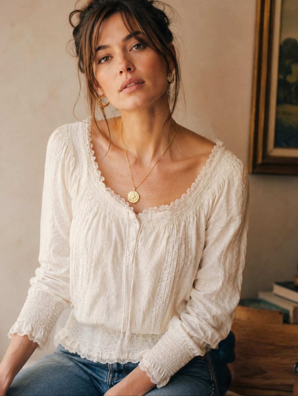 Cream Romantic Lace Trim Peasant Blouse | EU 38 | Boho Cottagecore Top